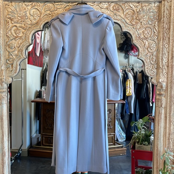 Blue crepe wool double breasted shawl collar long coat with bright lining - Picture 5 of 16